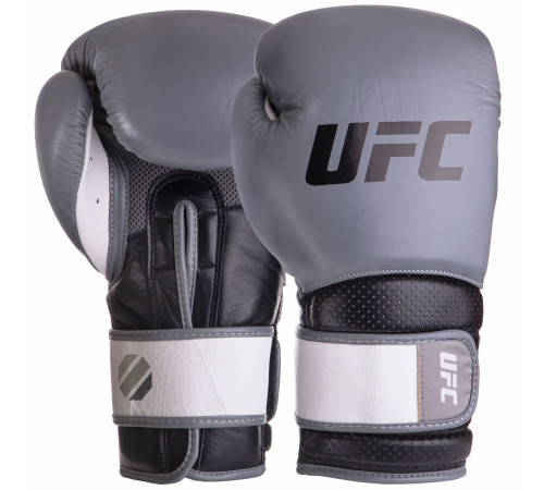 Рукавиці боксерські на липучці шкіряні UFC PRO Training 18унцій сірий-чорний