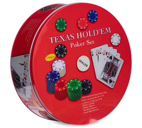 Набір для покеру в круглій металевій коробці Texas Holdem Poker set SP-Sport 240 фішок