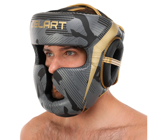Шлем боксерский с полной защитой PU Zelart S-XL черный-золотой