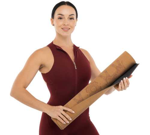 Килимок для йоги Пробковий каучуковий двошаровий Yoga mat Record 183x61мx0.4cм з принтом Марш Слонів коричневий