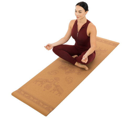 Килимок для йоги Пробковий каучуковий двошаровий Yoga mat Record 183x61мx0.4cм з принтом Марш Слонів коричневий