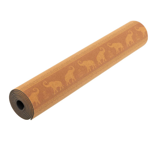 Килимок для йоги Пробковий каучуковий двошаровий Yoga mat Record 183x61мx0.4cм з принтом Марш Слонів коричневий