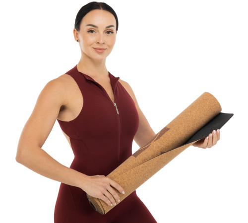 Килимок для йоги Пробковий каучуковий двошаровий Yoga mat Record 183x61мx0.4cм з принтом Чакри коричневий