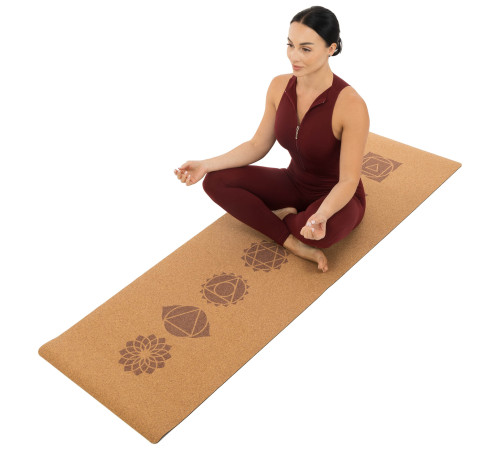 Килимок для йоги Пробковий каучуковий двошаровий Yoga mat Record 183x61мx0.4cм з принтом Чакри коричневий