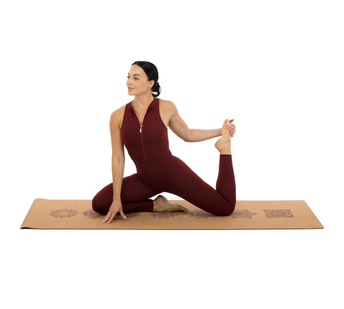 Килимок для йоги Пробковий каучуковий двошаровий Yoga mat Record 183x61мx0.4cм з принтом Чакри коричневий