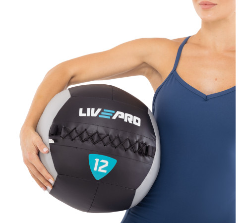 Мяч набивной медицинский для кроссфита WALL BALL LiveUp 12кг черный-серый